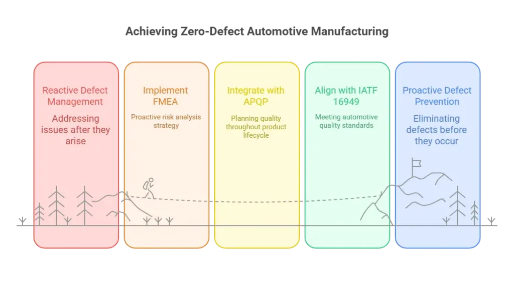 FMEA in APQP IATF 16949 Context, explain in infographic way. Achieving zero defect automotive manufacturing